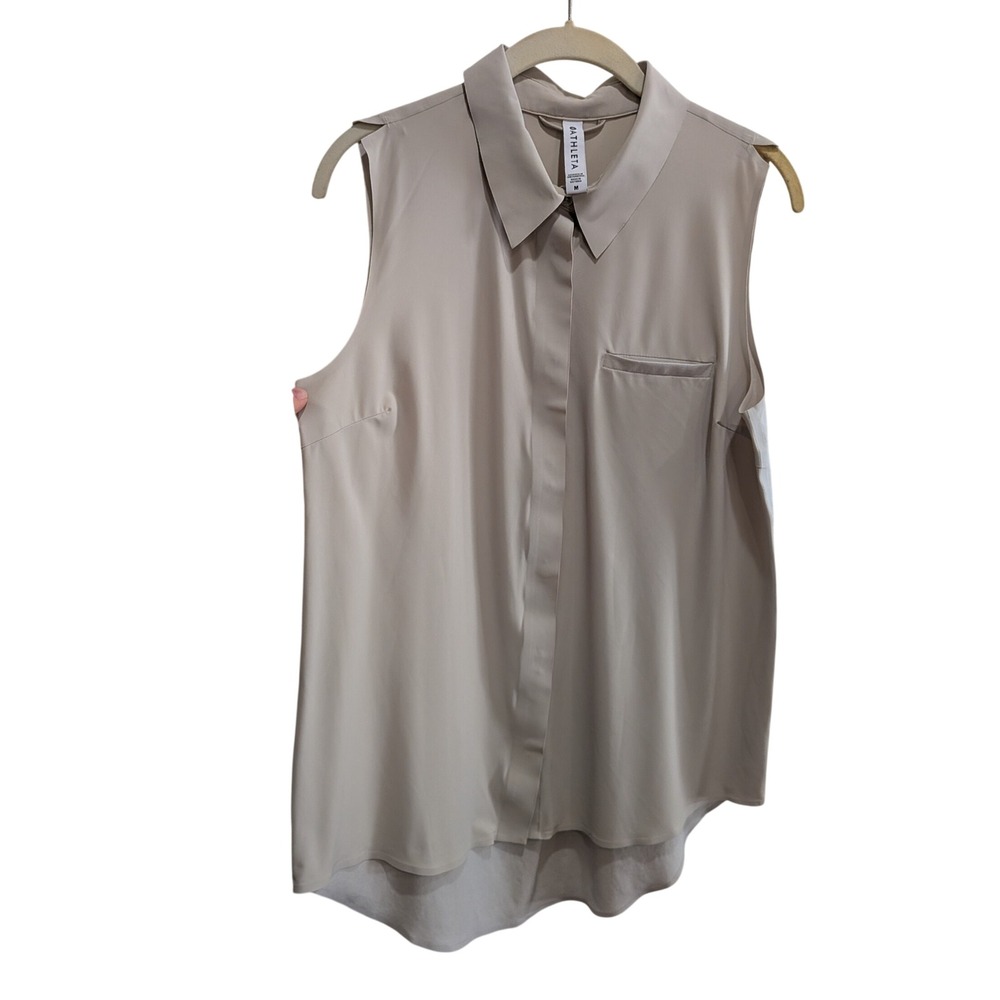 Athleta Womens Urbanite Tank Size M Beige Sleeveless Button Down Travel Blouse - Picture 3 of 12